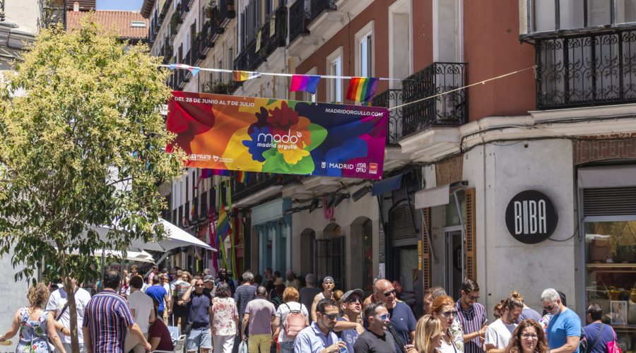 Chueca neighborhood decorated and full of life during the Gay Pride day celebration