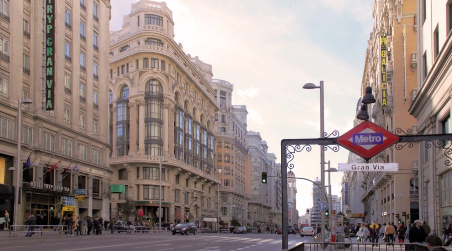 Day View of Gran Via Street in Madrid, Spain
